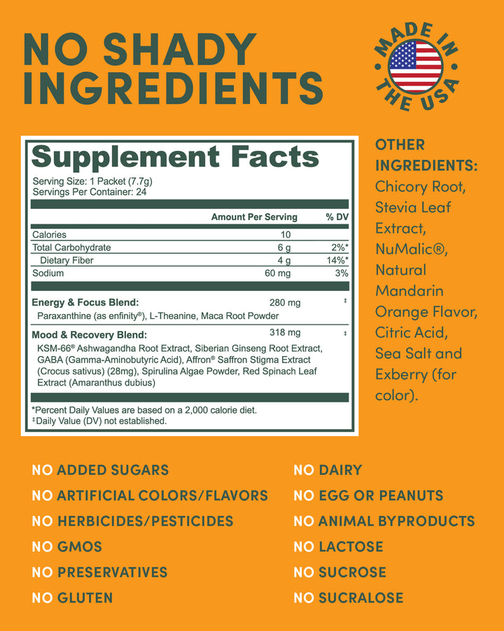 Enfinity Paraxanthine
KSM-66 Ashwagandha 
Affron Saffron 
GABA 
L-Theanine 
Organic Spirulina
Chicory Root Inulin 
Vitamin B Complex (B6, B12, Folate) 
Magnesium & Potassium
Zinc & Chromium 
Stevia Leaf Extract, 
Numalic, Natural Orange Flavor, Citric Acid, Seas Salt, Exberry
Red Spinach Leaf Extract